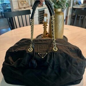 PRADA Quilted Nylon Travel Bag/ Duffle Black Gold Chain Strap + Lock/ Key & COA